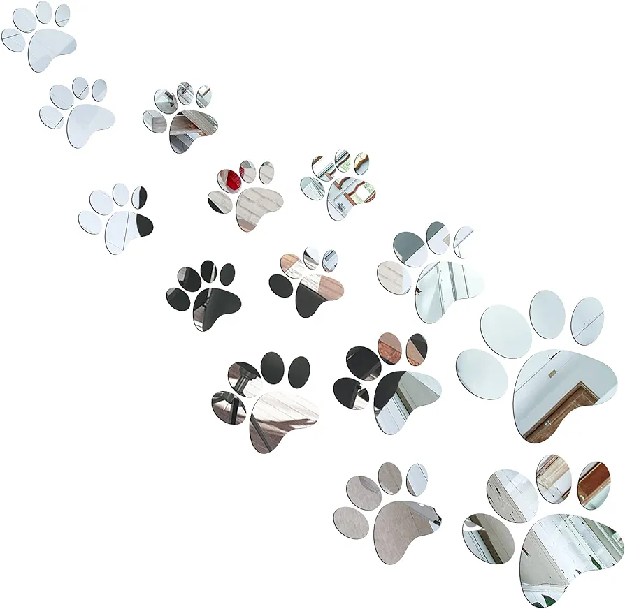 14 Pieces Paw Mirror Decals Dog Footprints Stickers Acrylic Paw Stickers Removable Wall Paw Decors Decoration of 3 Sizes for DIY Kids Living Room Bedroom Art Nursery Mural Home Decor (Silver)