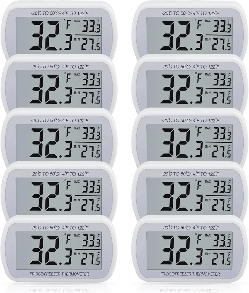 10 Pack Waterproof Digital Refrigerator Thermometer Large LCD, Freezer Room Thermometer with Magnetic Back, No Frills Easy to Read