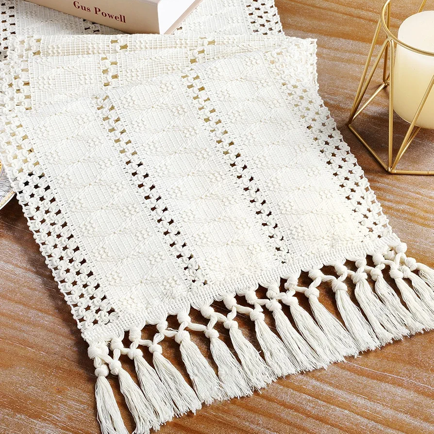 B-COOL Table Runner Boho Rustic Decor: Cream Stitching Macrame Farmhouse Table Runner 72 Inches Long for Living Room Decoracion