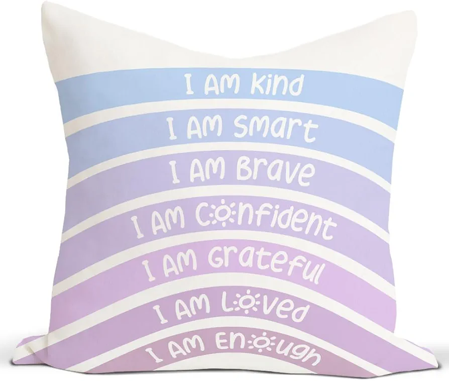 Rainbow Classroom Purple Throw Pillow Covers 18X18 - Reading Nook Corner for Kids, I am Kind Brave Smart Affirmations Decorative Pillowcase for Kids Room Nursery Decor