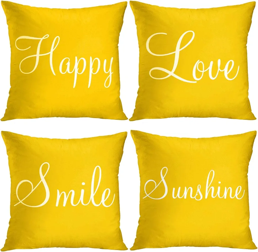 Britimes Yellow Set of 4 Throw Pillow Covers Furry Home Decor Pillow Cases Decorative 18X18 Inches Outdoor Cushion Couch Sofa Cojines Pillowcases Sunshine Happy Love Smile