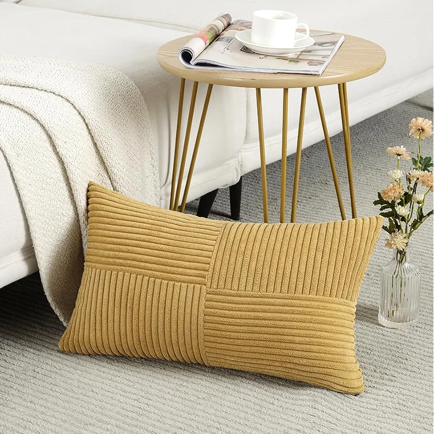 Fancy Homi Mustard Yellow Lumbar Decorative Throw Pillow Covers 12x20 Inch for Living Room Couch Bed, Rustic Farmhouse Boho Home Decor, Soft Striped Corduroy Rectangle Accent Cushion Case