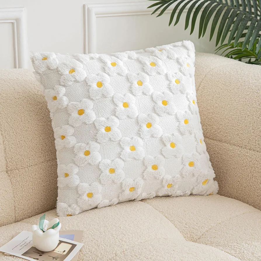 1 Pack Floral Decorative Throw Pillow Covers for Farmhouse, Summer Daisy Pillow Covers for Sofa Couch Bed Room(White, 18"x18")