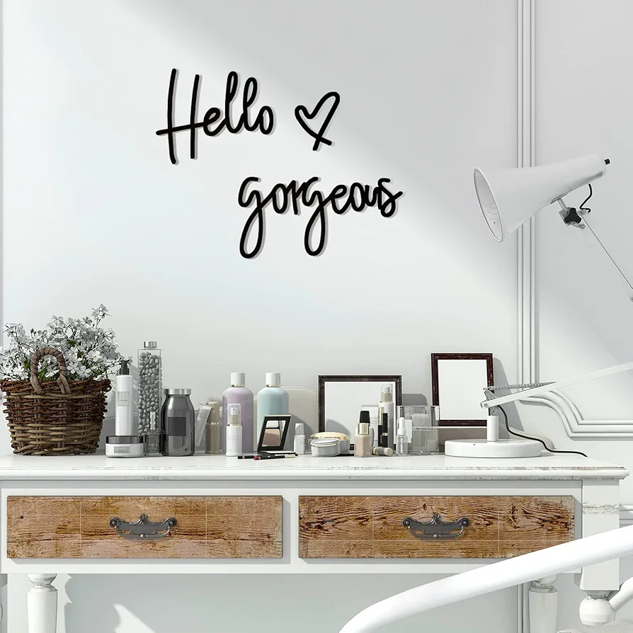 Hello Gorgeous Words Wall Decor 3D Wooden Sign Art for Home Room Office Door Decorations Party Supplies (Black)