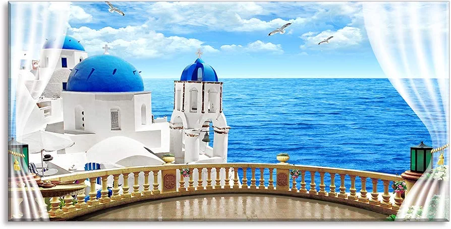 European Mediterranean Wall Decor Window Wall Art Santorini Churches Sea in Greece Canvas Oil Painting Framed Blue Home Decoration for Living Room (Waterproof, Ready to Hang)