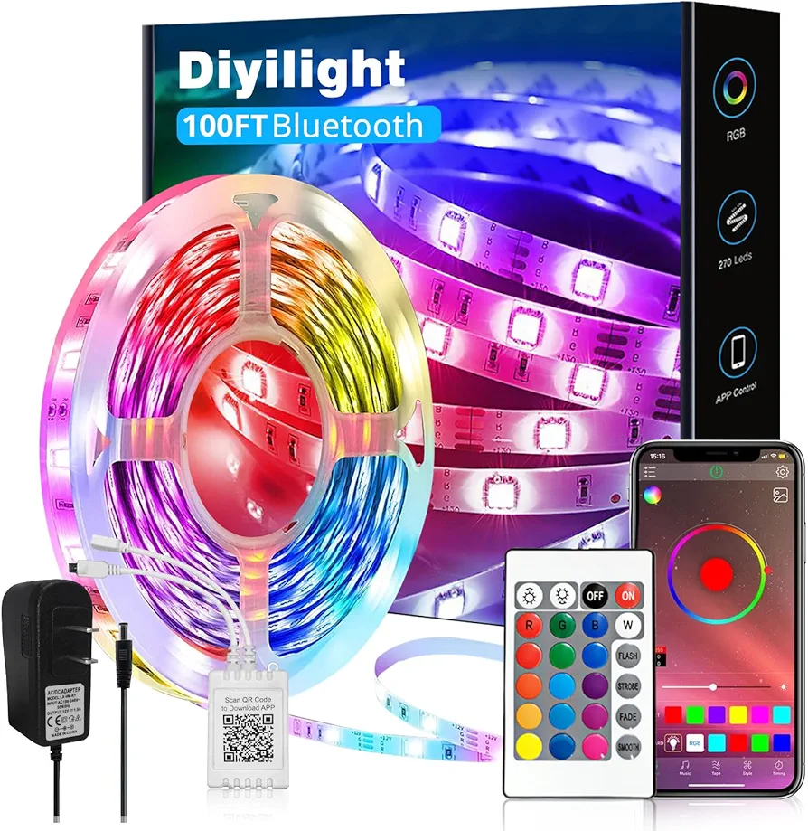 100ft Led Strip Lights Smart Light Strips with App Control Remote, 5050 RGB Led Lights for Bedroom, Music Sync Color Changing Lights for Room Party