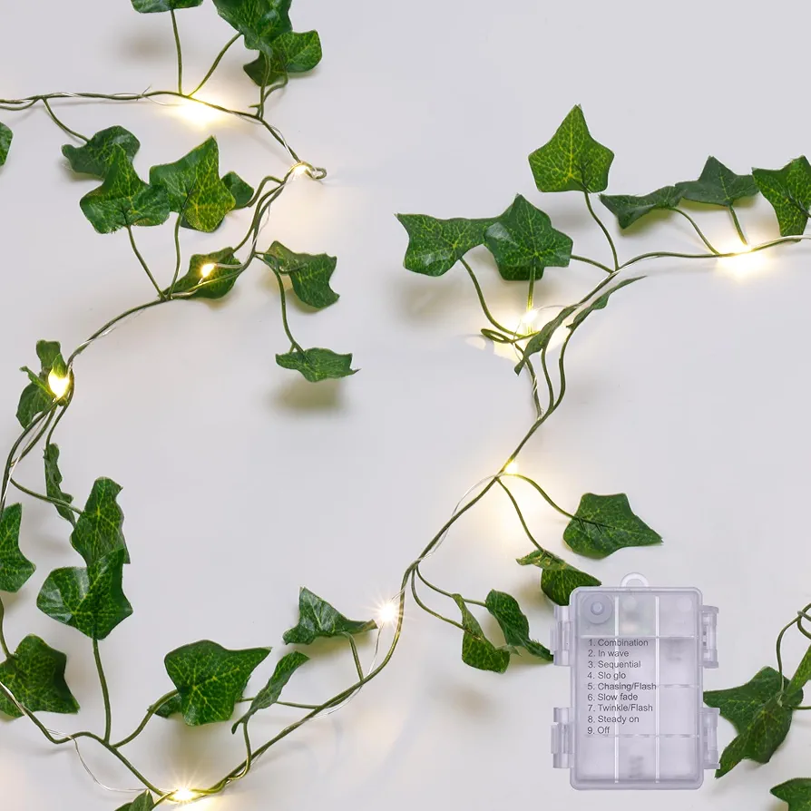 Artificial Ivy Vines with Lights Fake Vines with Fairy Lights 2 Pack Green Maple Leaves Vines Each 6.5Ft 20 LED String Lights for Bedroom Room Decor Warm White(FY2)