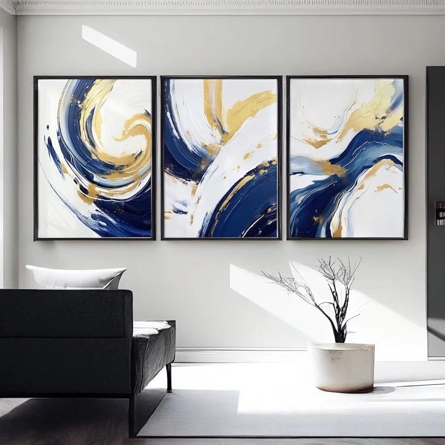 DOLUDO Set of 3 Prints Navy and Gold Watercolor Geometric Shapes Poster Painting Minimalist Blue Abstract Wall Art for Living Room Hallway Wall Decor Ready To Hang