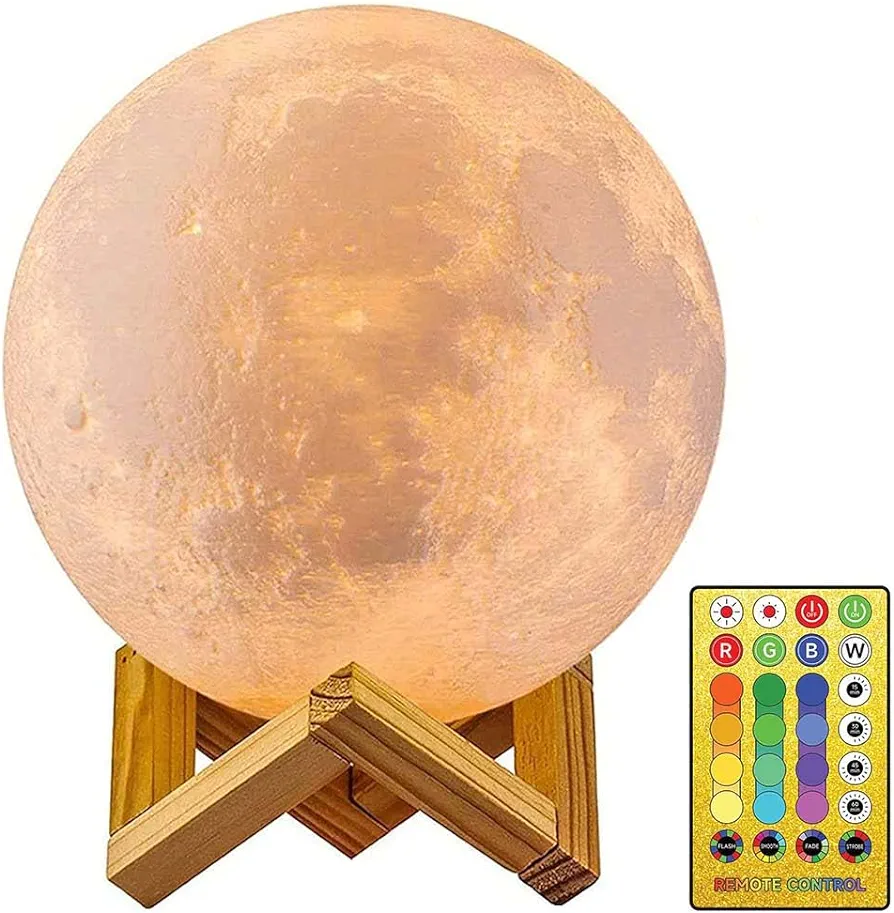 AED Moon Lamp for Bedroom Moon Night Light for Adults Kids Baby- Gifts for Girls Boys Women Men Remote Touch Control Wooden Stand 4.8 inch Small Size