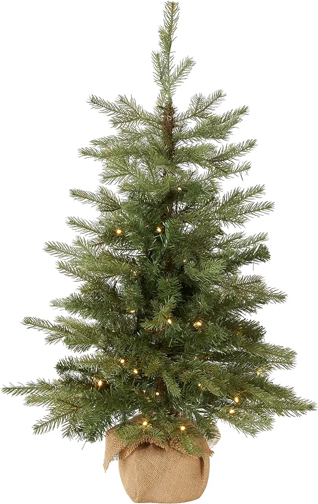 National Tree Company Pre-Lit 'Feel Real' Artificial Mini Christmas Tree, Green, Nordic Spruce, White Lights, Includes Burlap Bag Base, 3 Feet