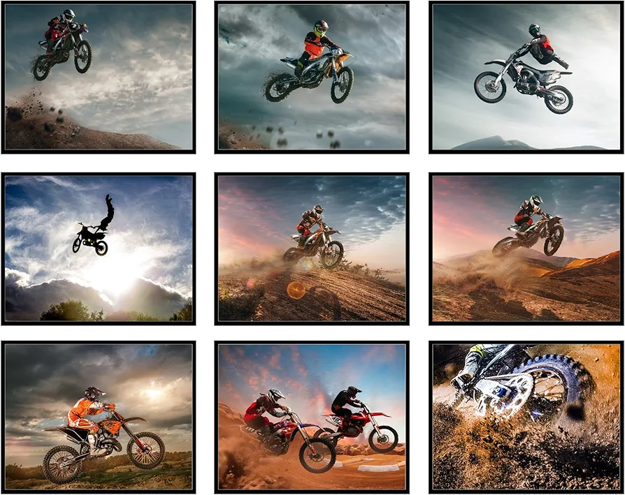 BigWig Prints Dirt Bike Poster Set - Dirt Bike Decor, Dirt Bike Posters, Dirt Bike Room Decor For Boys, Motocross Poster, Dirtbike Room Decor, Dirt Bike Wall Decor Gifts - Unframed Set Of 9 (8x10”)