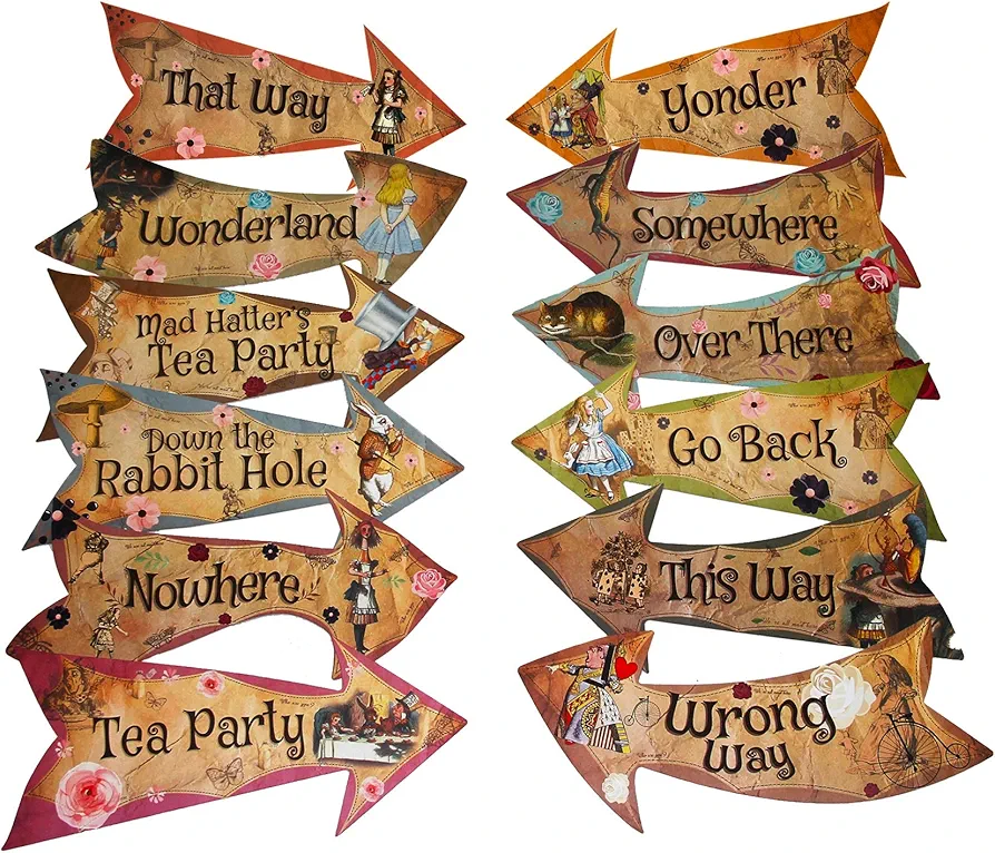 Alice in Wonderland Party Vintage Style Arrow Signs/Mad Hatters Tea Party Props Pack of 12 Signs