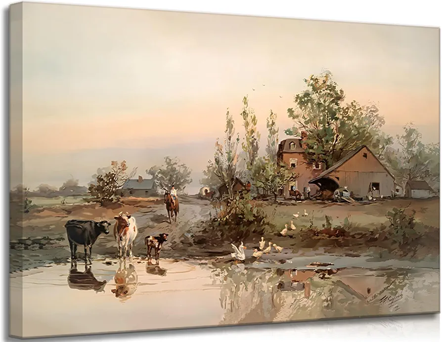 Framed American Farm 90s Canvas Wall Art Retro Country Cows Farmhouse Barn Landscape Watercolor Painting Picture Wall Decor Poster Print Artwork for Living Room Office Bedroom Home Decoration