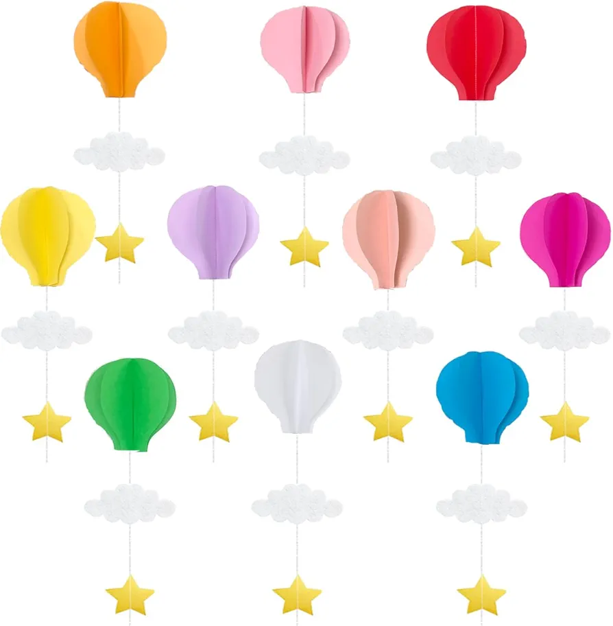 Paper Hot Air Balloon Decorations 10pcs Paper Air Balloon Garlands Hanging Air Balloon Banners with Clouds Stars Garland Wall Banners For Party Baby Nursery Kids Room Classroom(Multi-2)