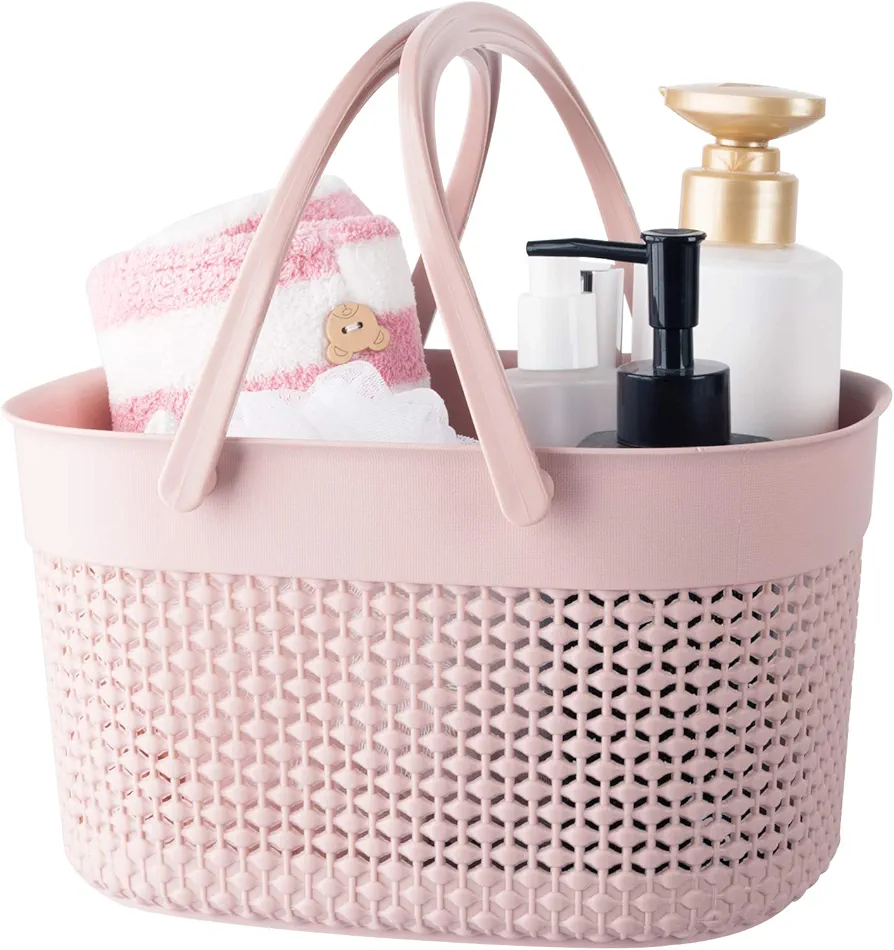 Portable Shower Caddy Basket, Plastic Organizer Storage Tote with Handles Toiletry Bag Bin Box for Bathroom, College Dorm Room Essentials, Kitchen, Camp, Gym - Pink