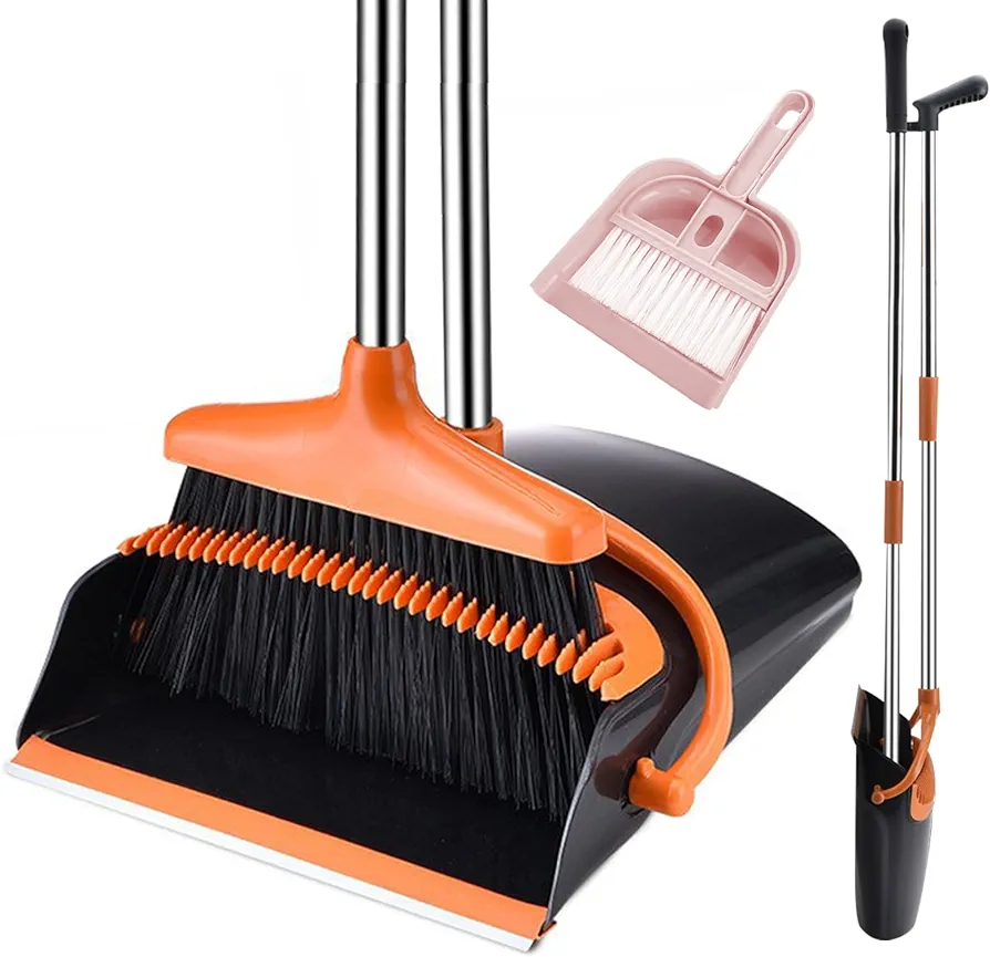 Broom and Dustpan Set with Long Handle, Windproof Stand Up Dustpan with Broom Combo for Home Kitchen Room Office Lobby Floor Use