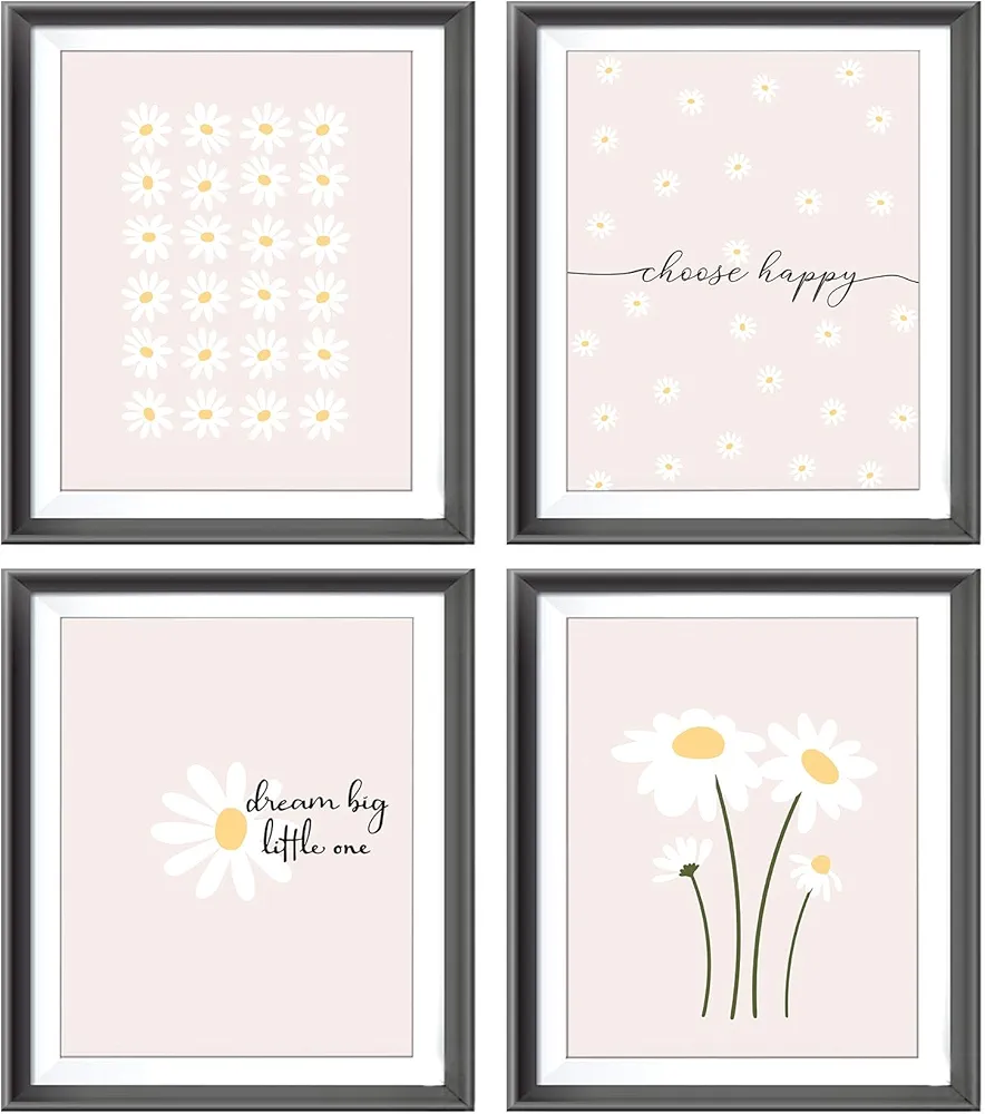 AEHIE Boho Daisy Flower Decor Wall Art Print, Inspirational Poster Prints for Girls Room Nursery Decor, Positive Affirmations Wall Decor, Blush Pink Floral Room Decor Print for Home, 4pcs 8x10inch