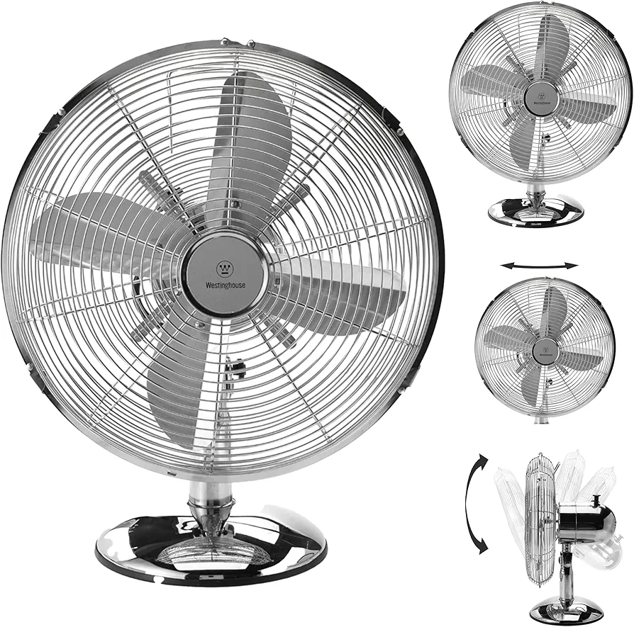 Westinghouse 12" Lightweight Small Vintage Metal Fan with 75° Oscillation and 3 Speeds - Ideal Fan for Desk, Office, Bedroom, or Retro Room Decor