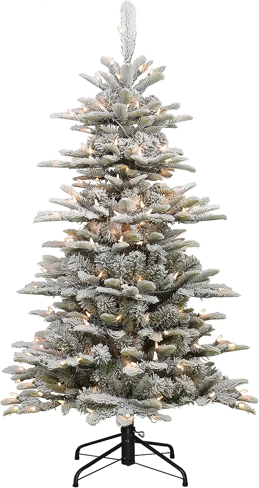 Puleo International Pre-Lit 4.5' Slim Flocked Aspen Fir Artificial Christmas Tree with 200 Lights, Green