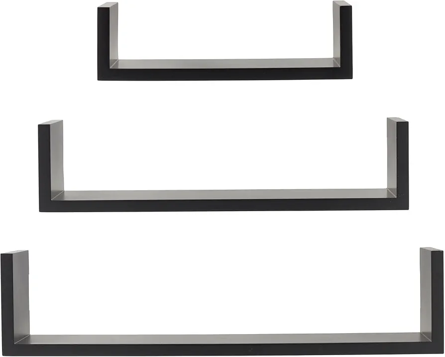 MELANNCO Floating U Shelves for Bedroom, Living Room, Bathroom, Kitchen, Nursery, Set of 3, Black