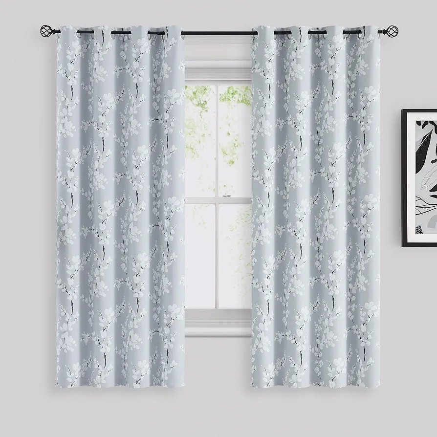 FMFUNCTEX Grey White 100% Blackout Curtains for Living-Room 63 inch Floral Printed Curtains for Bedroom Country Blossom Curtain Drapes Energy Saving Thermal Curtain Panels Grommet Top 2 Panels