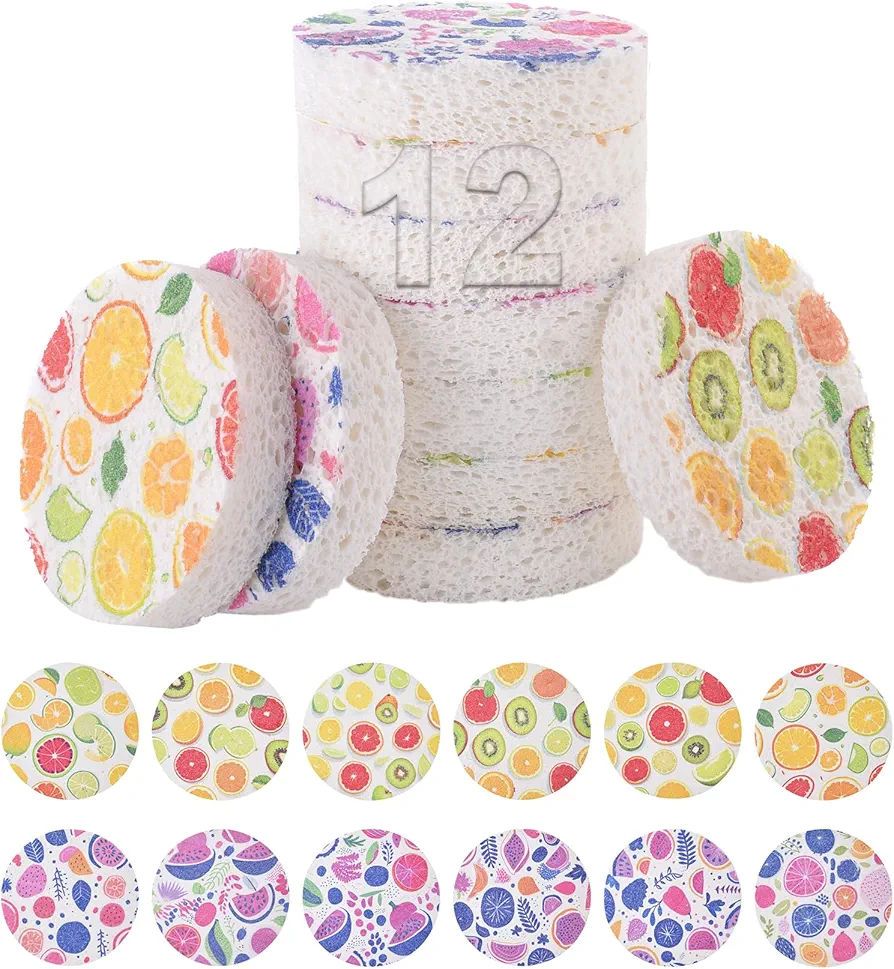 METUUTER 12-Count Kitchen Sponges for Dishes, Compressed Natural Cellulose Sponges with Painting Printed for Kitchen and Household Use