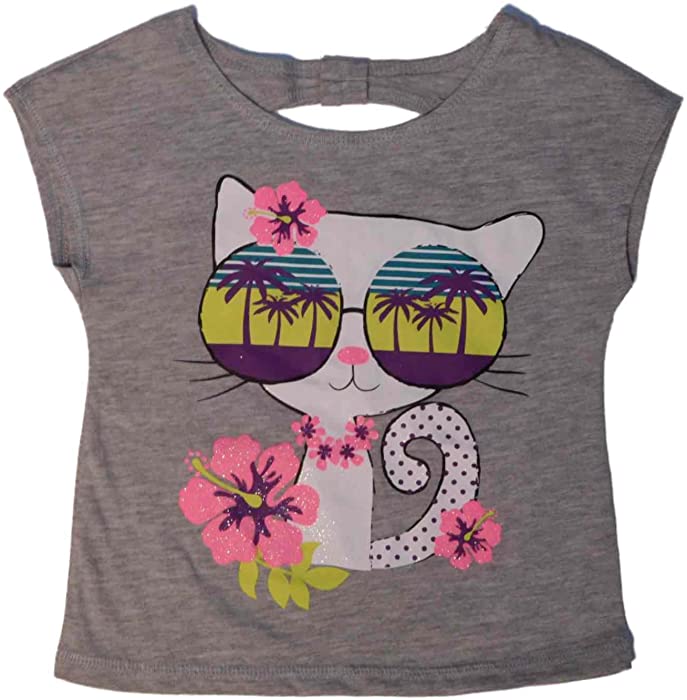 Peanut & Ollie Infant Girls Hawaiian Tropical Kitty T-Shirt Grey Tee Shirt