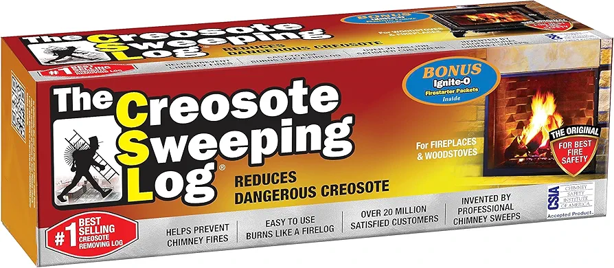 The Creosote Sweeping Log (CSL) w/bonus Ignite-O for fireplaces and woodstoves