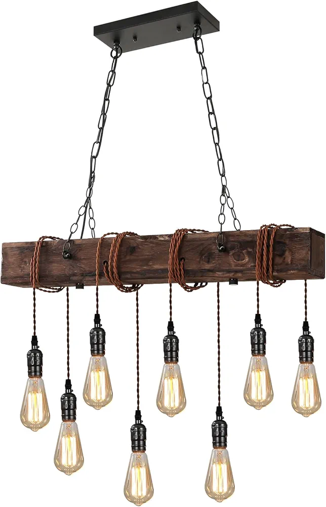 KEESFU 8-Lights Rustic Chandeliers for Dining Room, Farmhouse Wooden Ceiling Pendant Light, Height Adjustable, Rectangle Chandelier for Kitchen Island Dining Room Bar Pool Table Cabin.