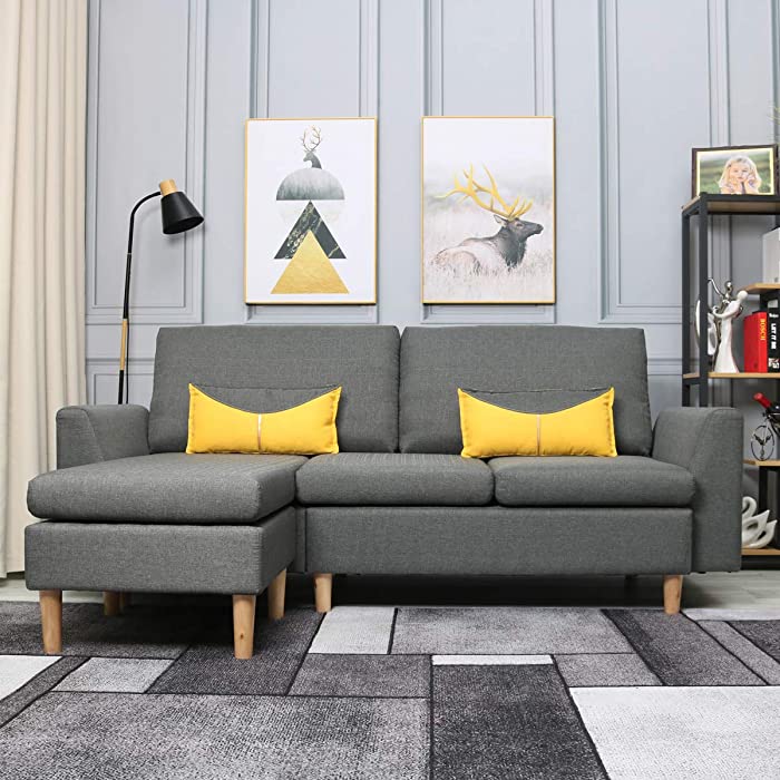 Best-Living Furniture Modern Linen Fabric L-Shaped Small Space Sectional Sofa with Stool, Reversible Chaise, in Grey