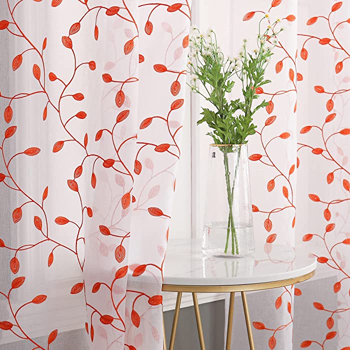 Coral Leaf Sheer Curtains Panels - Fashion 63” Length Flax Linen Look Embroidery Semi Sheer Curtains Tree Branch Drapes for Kid Room Set of 2 Panels,Grommet Top