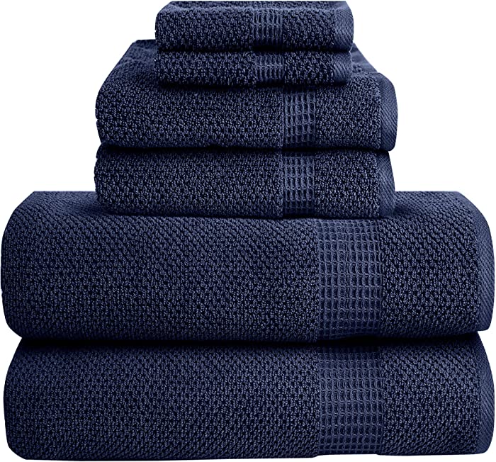 Bella 6 PC Towel Set | 100% Combed Cotton, Navy Popcorn Weave Design | Ultra Soft & Highly Absorbent | 2 Bath Towels, 2 Hand Towels, 2 Wash Cloths | 550 GSM - 6 Pack