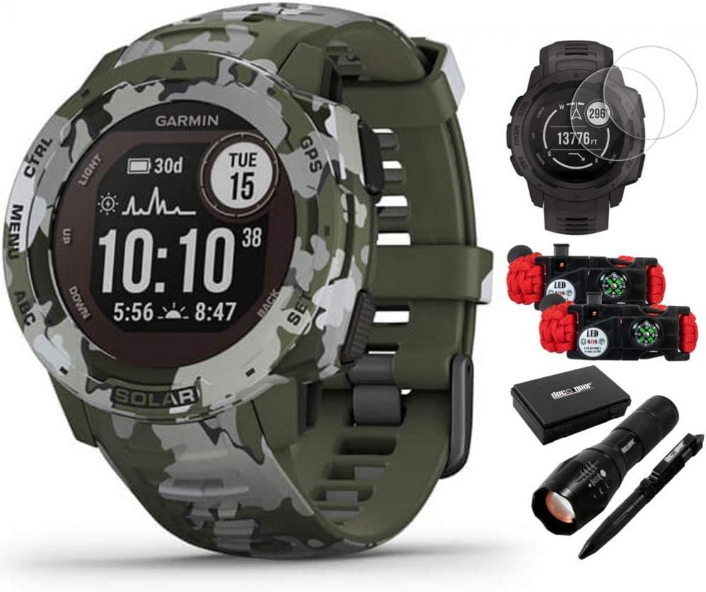 Garmin 010-02293-16 Instinct Solar Rugged Outdoor Watch Camo Edition Lichen Camo Bundle with Screen Protector 2-Pack, 2-Pack Emergency Bracelet with SOS Light Knife and Flashlight and Tactical Pen