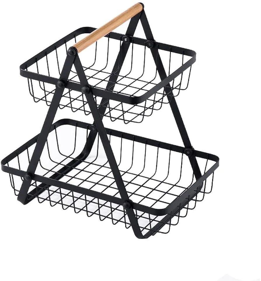 2 Tier Countertop Fruit Basket,Portable High-Capacity Fruit Bowle Basket for Kitchen Organizer Storage & Dining Room Fruits Vegetable Bread Snacks, Detachable Metal Rectangle Basket Storage (2 layer)