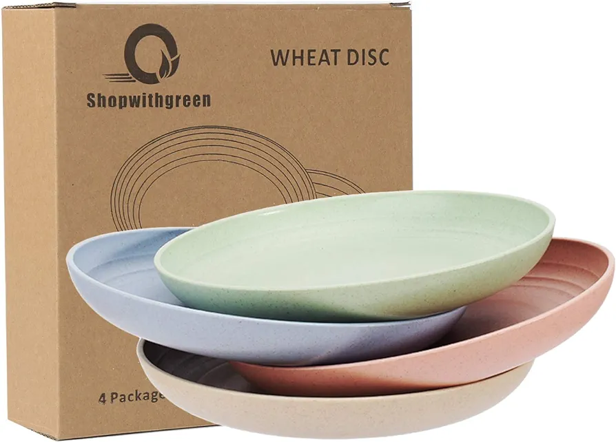 shopwithgreen Wheat Plastic Reusable Dinner Plates, Camping Outdoor Plates Sets, for Kitchen, Dorm Room, Microwave Dishwasher Safe, Unbreakable and Lightweight, 7.8 Inch, 4 PCS