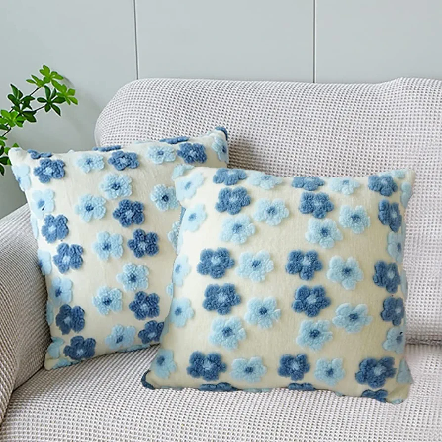 Soft Decorative Throw Pillow Covers 18x18 Cute Faux Fur Plush Pillow Covers Set of 2 Square Jacquard Pillowcase Cushion for Sofa Bedroom Living Room Christmas Plum Blossom Blue x2