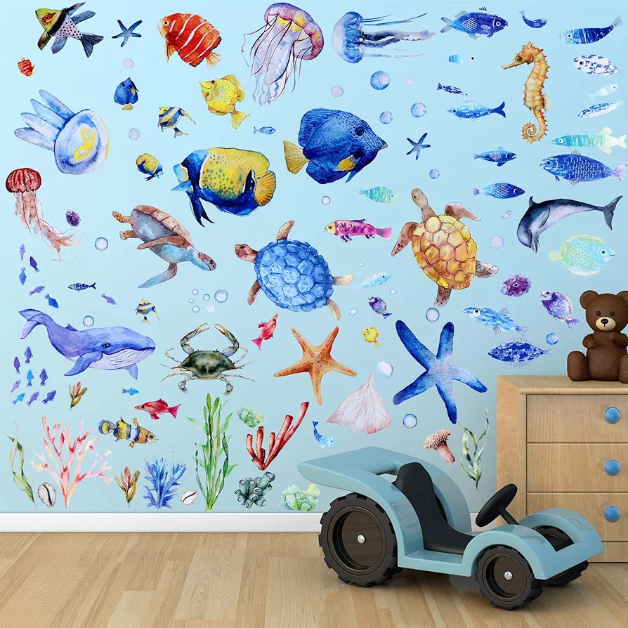 116 Pieces Ocean Wall Decals Under The Sea Fish Wall Nursery Decals Removable Peel and Stick Art for Kids Baby Bedroom Living Room Bathroom (Lovely Colors)