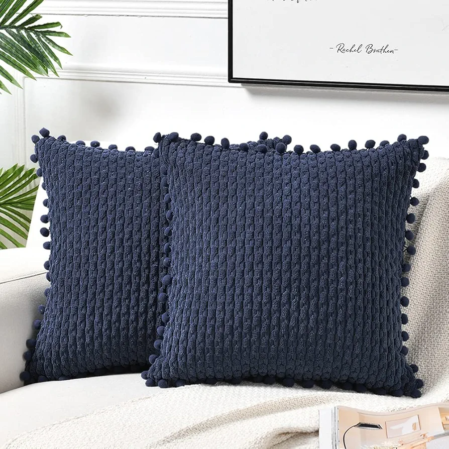 Fancy Homi Set of 2 Navy Blue Decorative Throw Pillow Covers 18x18 Inch with Pom-poms for Couch Bedroom Living Room, Modern Farmhouse Boho Home Decor, Soft Plush Corduroy Cute Cushion Case 45x45 cm