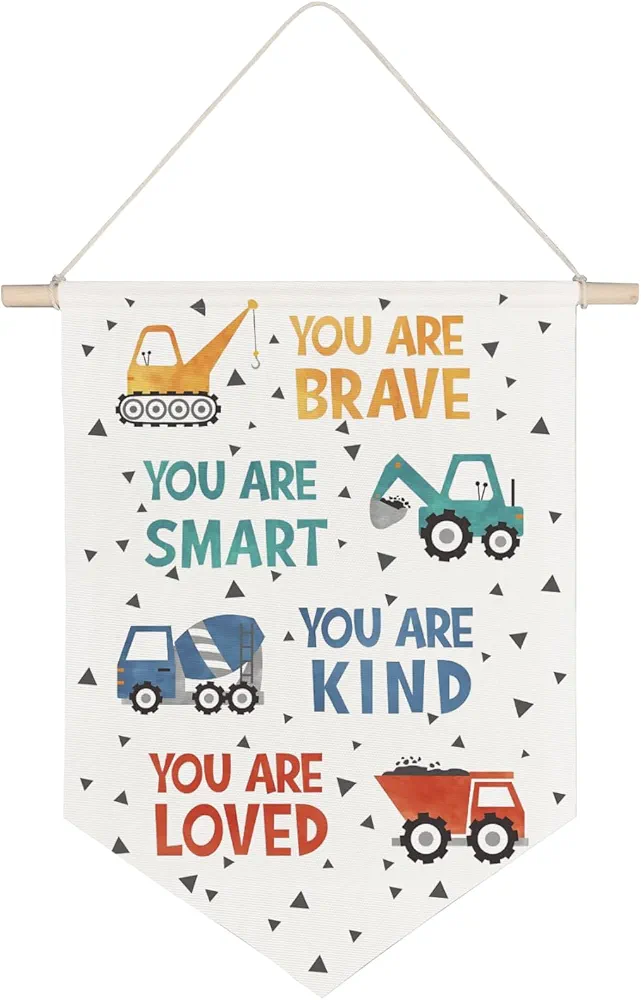 Kids Room Construction Vehicles Wall Decor,You Are Brave Smart Kind Loved Canvas Banner,Inspirational Canvas Hanging Pennant Flag Banner for Nursery Playroom Kids Room