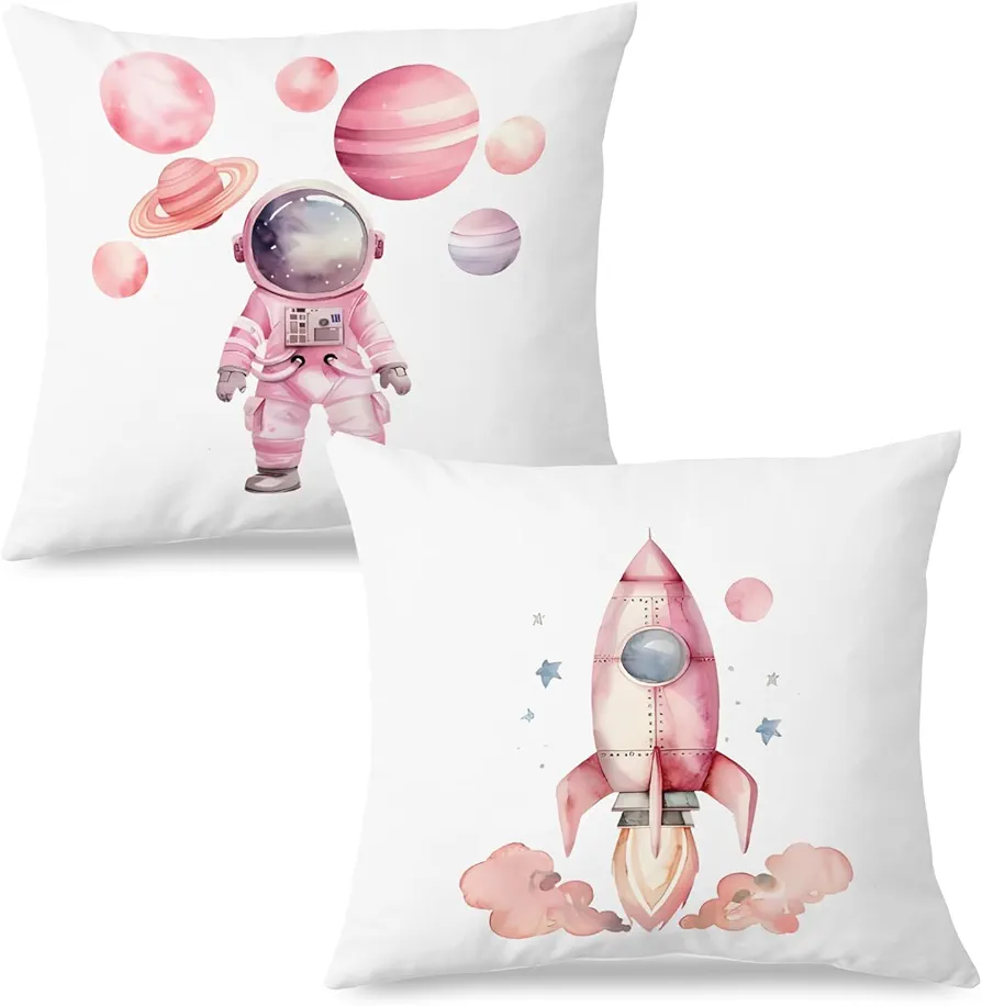 SPBL&L Pink Space Pillow Covers 18x18, Space Decor for Girls Room, Space Themed Bedroom Decor, Outer Space Room Decor, Space Party Decorations, Space Nursery Decor, Kids Space Room Decor, Set of 2