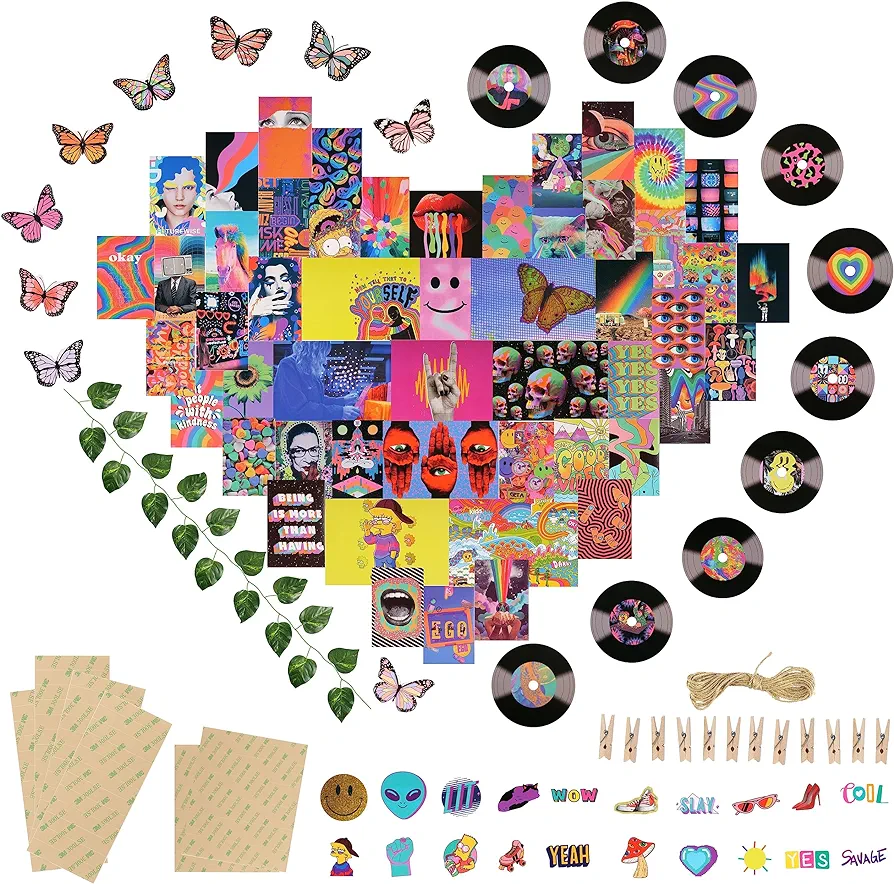 Indie Aesthetic Room Decor- 112pcs Wall Collage Kit, Trendy Tiktok Cool Stuff for Teen Bedroom, Preppy Trippy Hippie Pictures Posters Records Stickers Clips Twine & Vine, Cute Girls Home Decoration