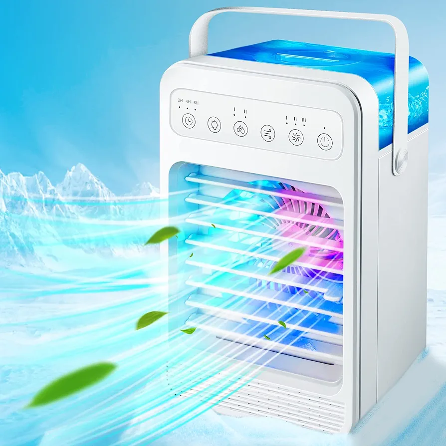 Portable Air Conditioners, Evaporative Mini Air Cooler Humidifier with 4 Speeds 7 Colors Light, 2/4/6H Timing Personal Air Conditioner, Portable Room Air Conditioners Quiet Air Cooler for Home Office