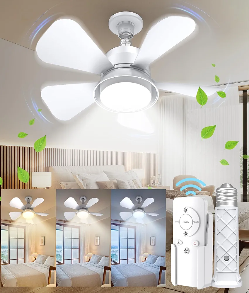 Socket Fan Light Ceiling Fans with Lights and Remote, Dimmable LED Ceiling Fan with Lights, 3 Colors 3000K-6500K, 1000 Lumens Light Bulb Screw in Ceiling Fan for Bedroom, Kitchen, Living Room, Closet