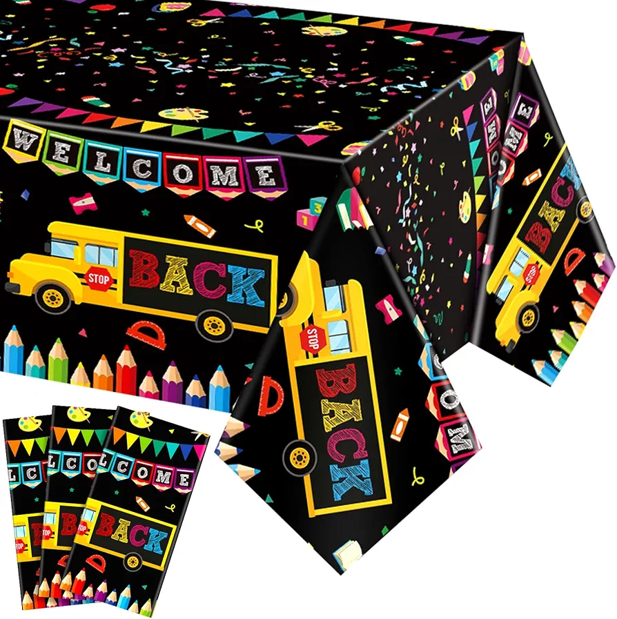 3 Pcs Welcome Back to School Party Tablecloth First Day of School Plastic Disposable Table Cover 54'' x 108'' School Bus Table Decoration Party Supplies for Kindergarten Preschool Classroom