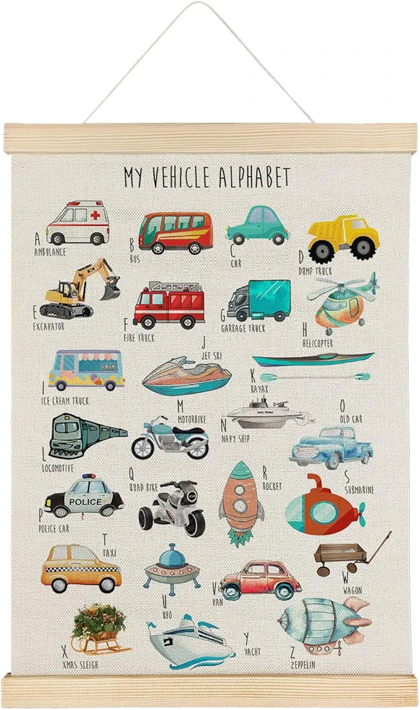 Qvapt Toddler Boy Room Decor - Transportation Alphabet Wall Art,Transportation Posters 12x16 with Hanger,Boy Kids Room Decor