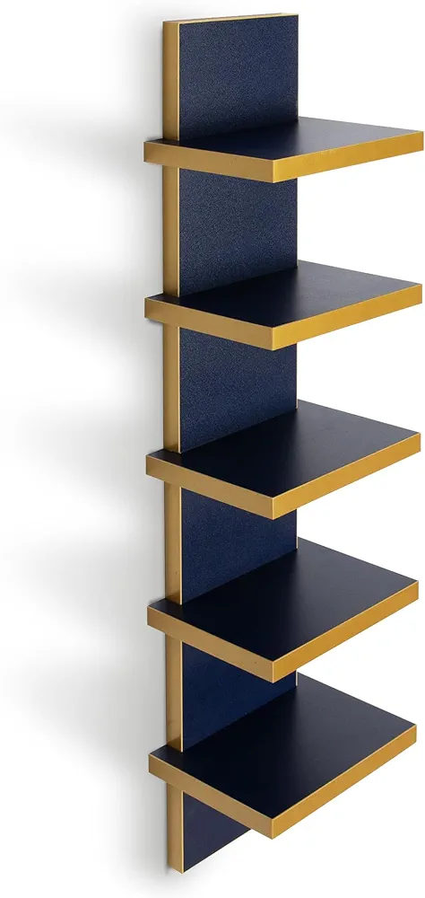 5 Tier Wall Shelves, Vertical Column Shelf Floating Storage Home Decor Organizer Tall Tower Design Utility Shelving Bedroom Living Room, Navy Blue+Gold