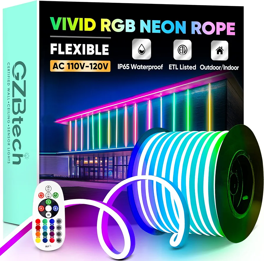 GZBtech RGB LED Neon Rope Lights 100FT/30M, AC 110-120V Waterproof Color Changing LED Rope with Remote Controller, Dimmable Multi Color Neon Rope Lighting for Indoor Outdoor Commercial Use