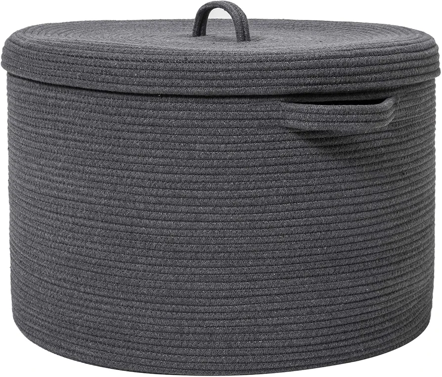 20" x 20" x 15" Extra Large Storage Basket with Lid, Cotton Rope Storage Baskets, Laundry Hamper, Cloth Bin, for Clothes Towels Blankets Pillows Storage in Living Room, All Dark Grey