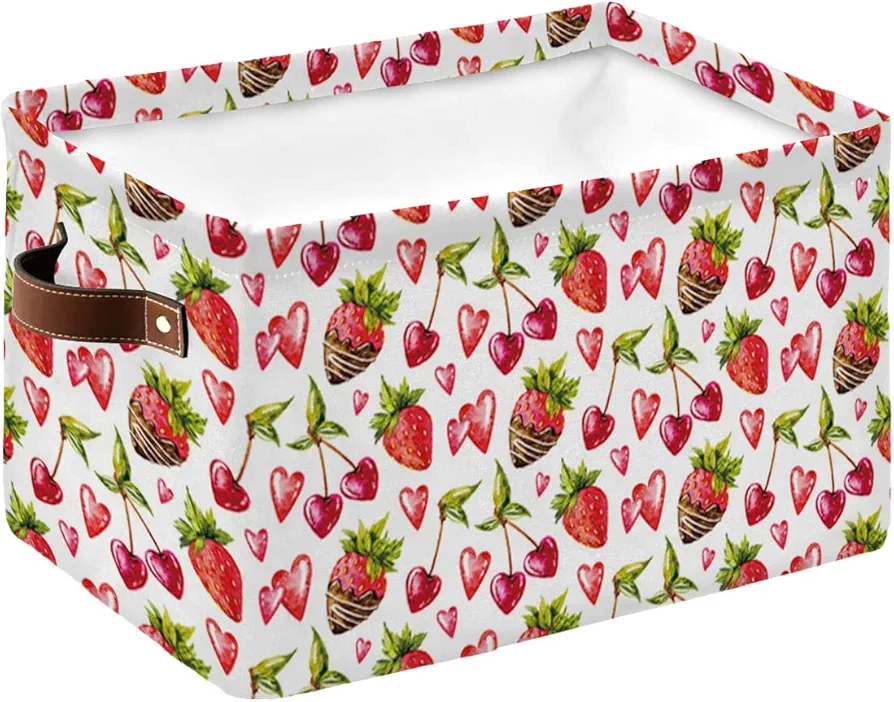 Elegant Strawberry Waterproof Fabric Storage Basket for Organizing Bedroom Bathroom Laundry Room Collapsible Storage Bins Spring Summer Decorative Shelf Basket for Gifts Empty