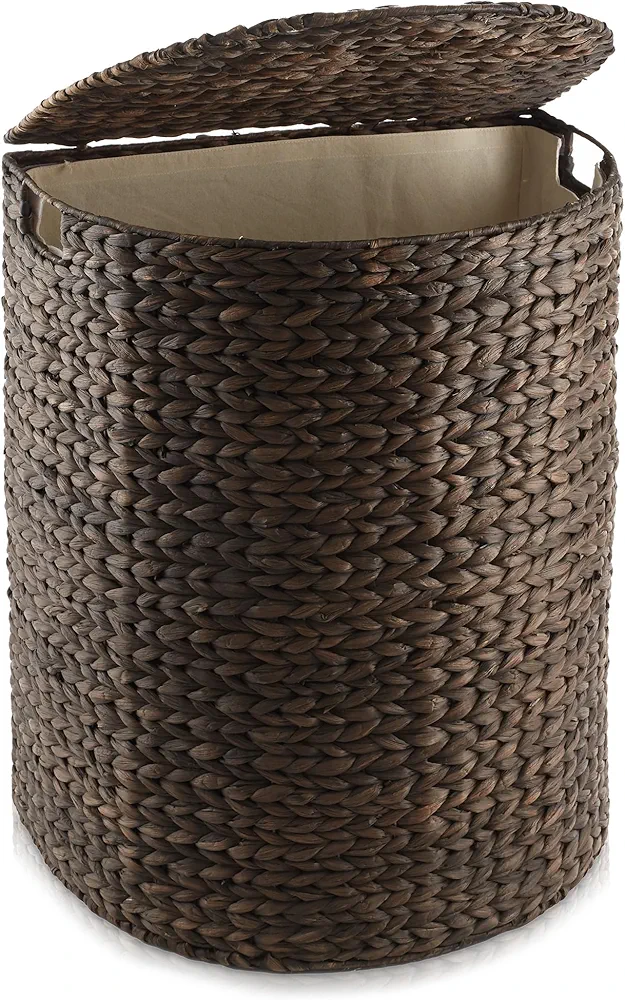 Casafield Half Moon Laundry Hamper with Lid and Removable Liner Bag - Espresso, Woven Water Hyacinth Laundry Basket for Clothes and Towels